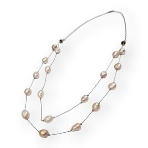 Baroque Potato Pearl Sterling Necklace Double Chain 925 Silver Pink Cream Vtg